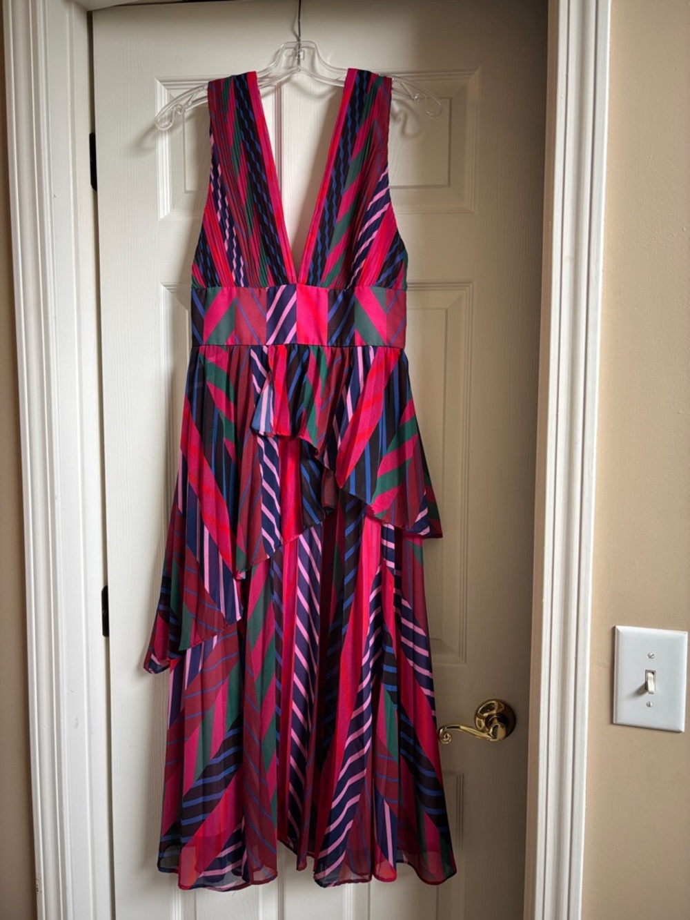 One-Shoulder V-Neck Striped Midi Dress in Pink & Green